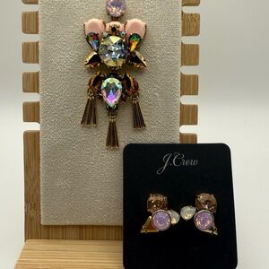 J. Crew Colored Gem Gold Brooch Necklace and Earring Set